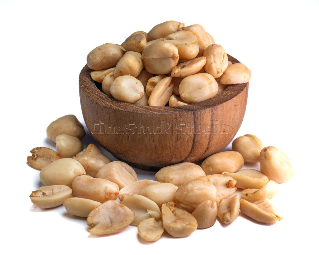 Crispy Fried Peanuts in Wooden Bowl on White Background.