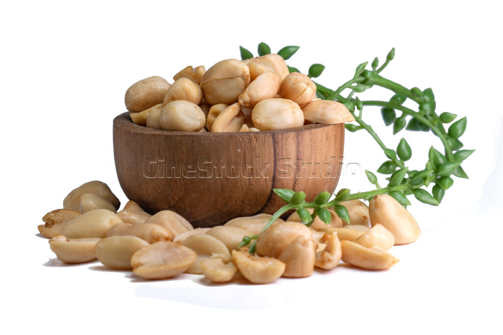 Crispy Fried Peanuts in Wooden Bowl on White Background.