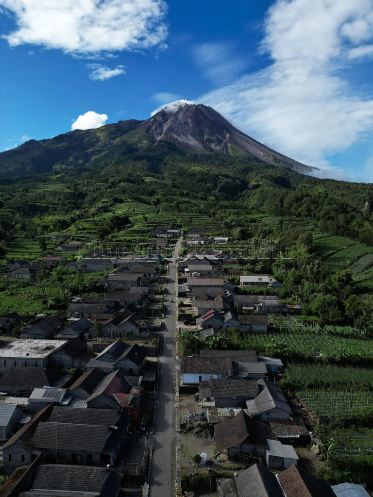 Vertical drone view, The Peacefulness of a Village Under Mount Merapi.