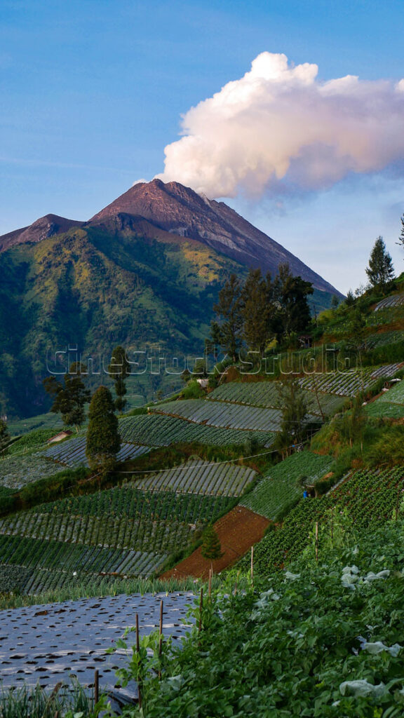 Vertical view of Mount Merapi Landscape with Volcanic Smoke.