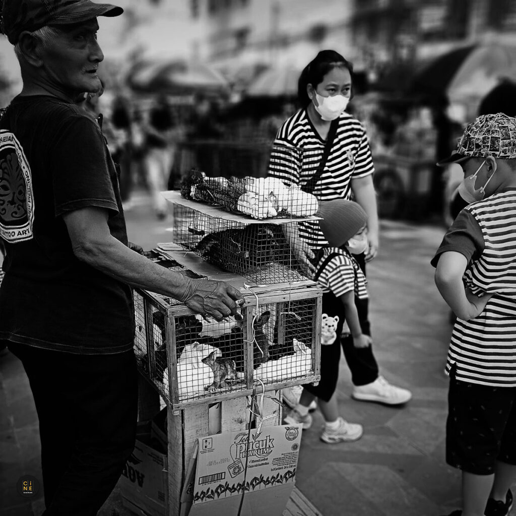 A street photography shot focusing on a rabbit vendor standing by his wooden cage with passersby blurred in the background.