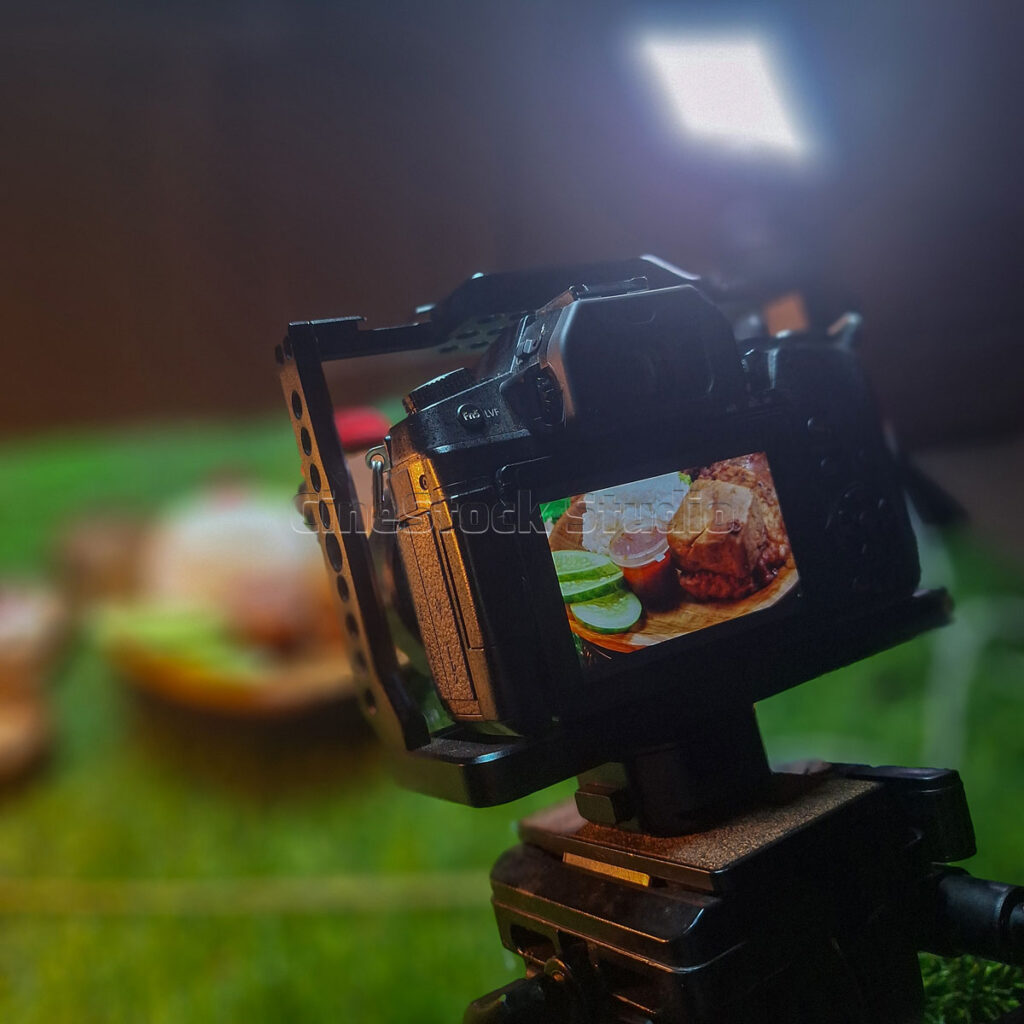 A close-up back view of a Lumix G85 camera monitor capturing a commercial dish layout on an artificial grass mat.