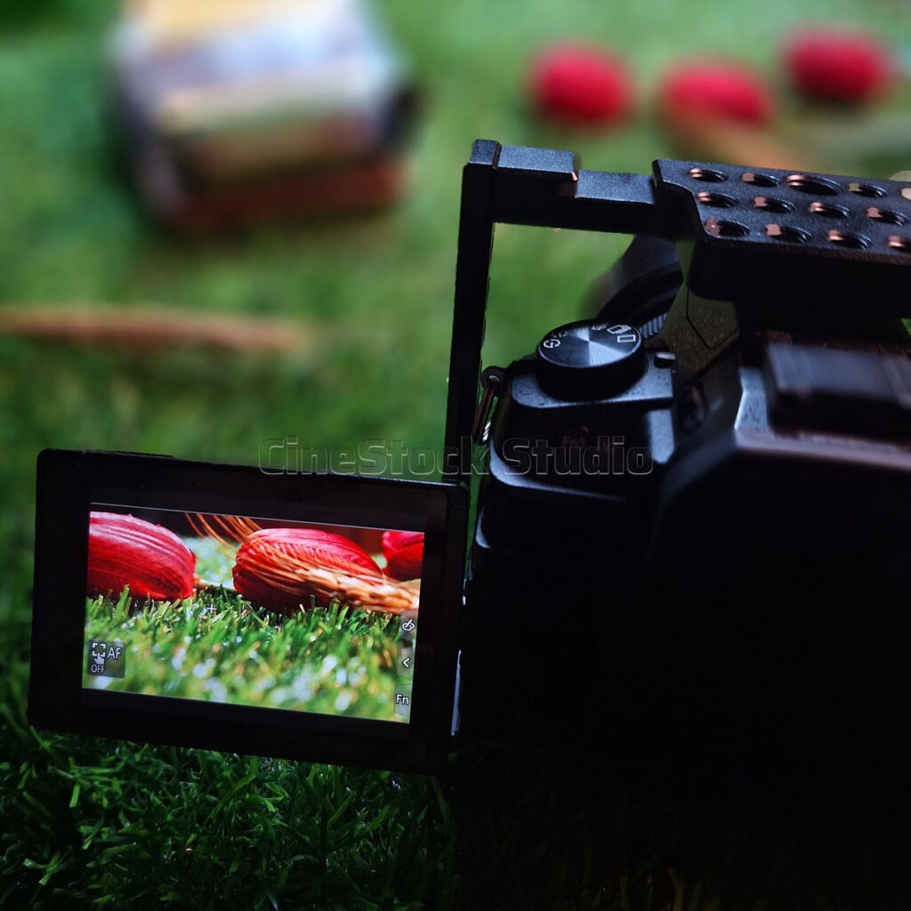 A Lumix G85 camera body with its flip screen tilted open, focusing on macro elements of a red seed prop on green turf.