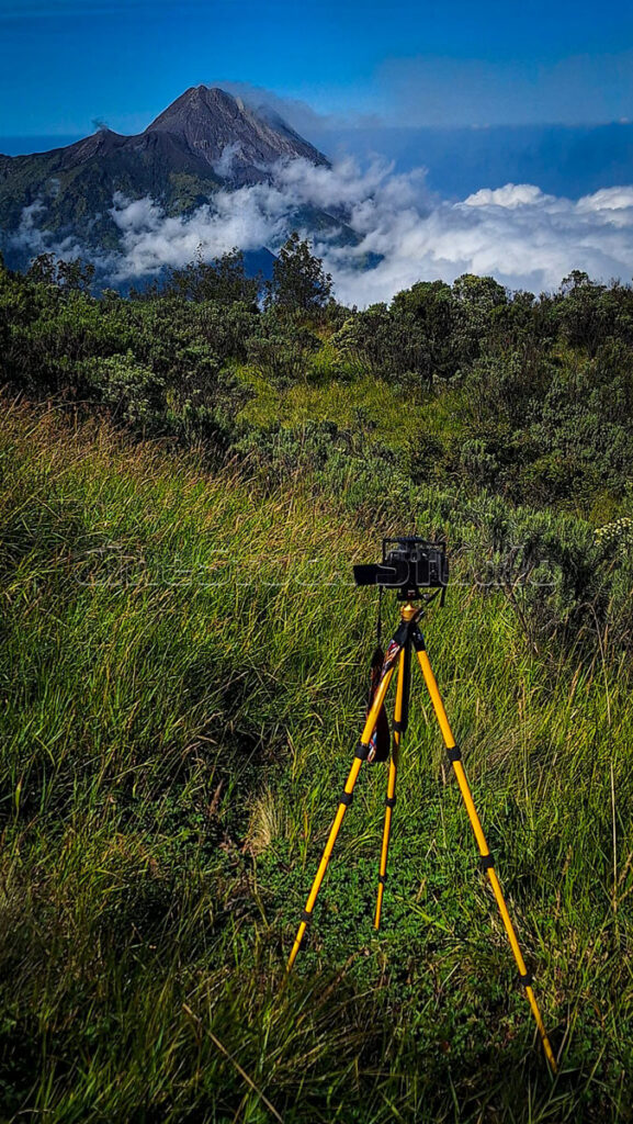 A camera rig on a tall yellow tripod standing amidst lush green mountain grass under a blue sky.