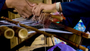 Capturing the technical precision needed to ensure the fabric's pattern and strength remain consistent. Close-up of hands adjusting the tension of pink and white threads on a loom