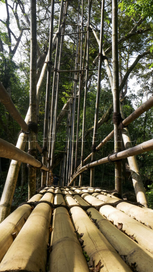 A traveler's view while crossing the Gajeboh Bamboo Bridge, surrounded by towering bamboo structures. First-person perspective (POV) looking down the length of the bamboo bridge.