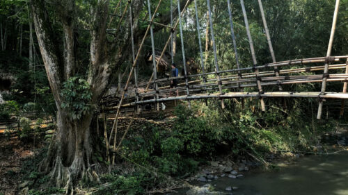 The iconic Gajeboh Bamboo Bridge seen from the riverbank, showcasing the daily life of Baduy people crossing the Ciujung river. A wide view of Gajeboh Bamboo Bridge with locals crossing above the river.
