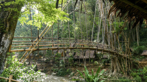 The majestic Gajeboh bridge standing as a testament to traditional engineering amidst the pristine Baduy nature. A wide panoramic shot of the bridge nestled within the lush greenery.