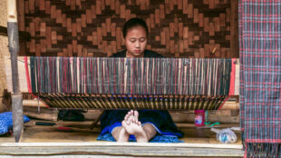 Highlighting the beautiful symmetry and organization of the traditional weaving process. Front view of a weaver sitting behind her loom with symmetrical thread patterns